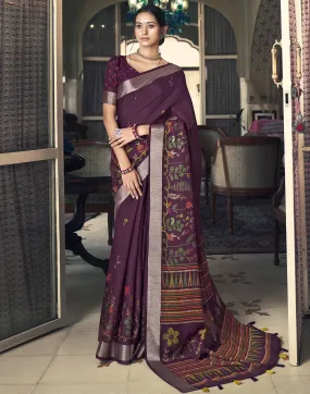 Wine Printed Cotton Saree