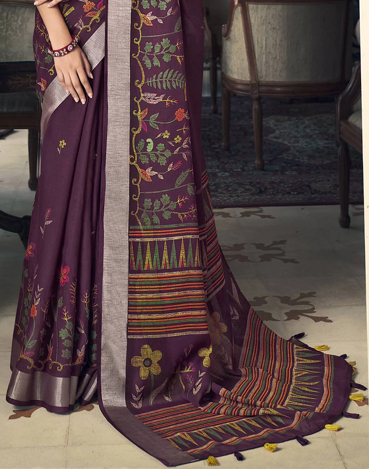 Wine Printed Cotton Saree