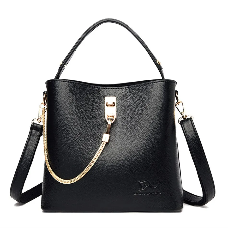 Women's Soft Synthetic Leather Chain Shoulder Crossbody Bucket Handbag