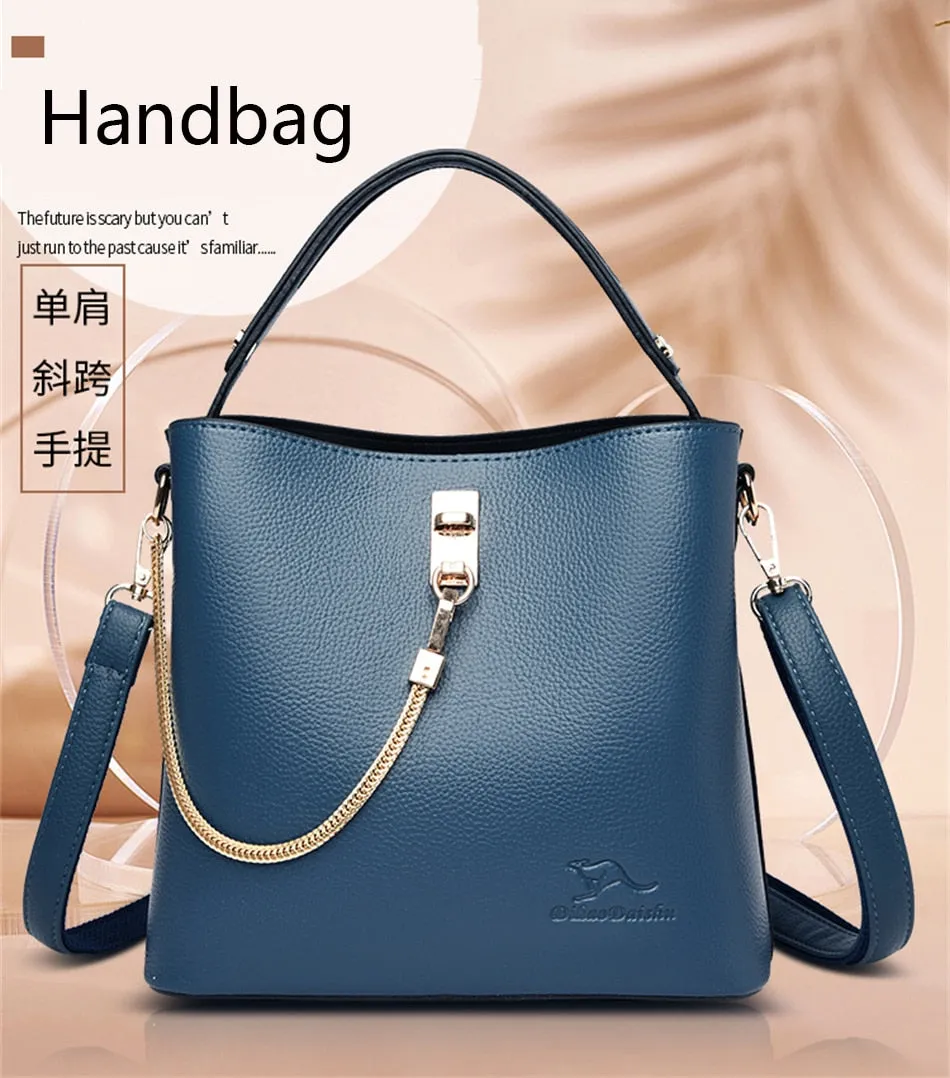 Women's Soft Synthetic Leather Chain Shoulder Crossbody Bucket Handbag