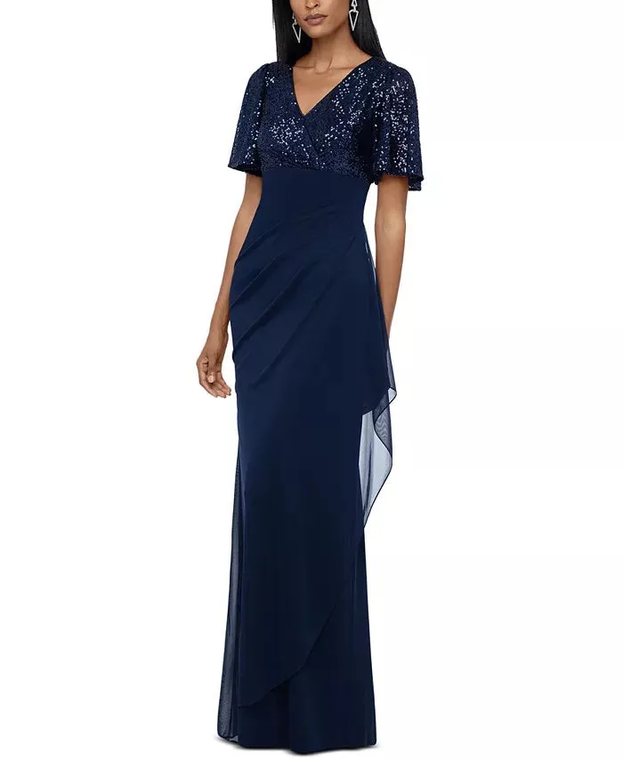 XSCAPE Women's Petite Sequined A-Line Gown Navy Size 4 P