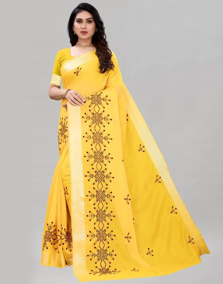 Yellow Embroidered Cotton Saree