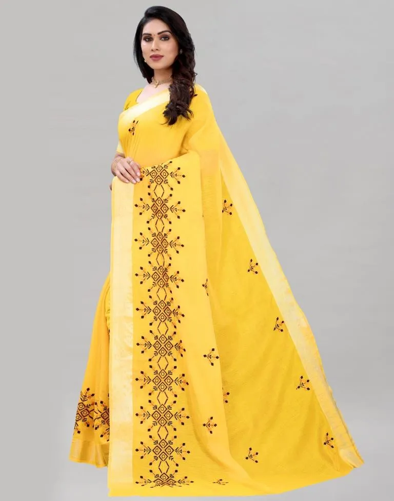 Yellow Embroidered Cotton Saree