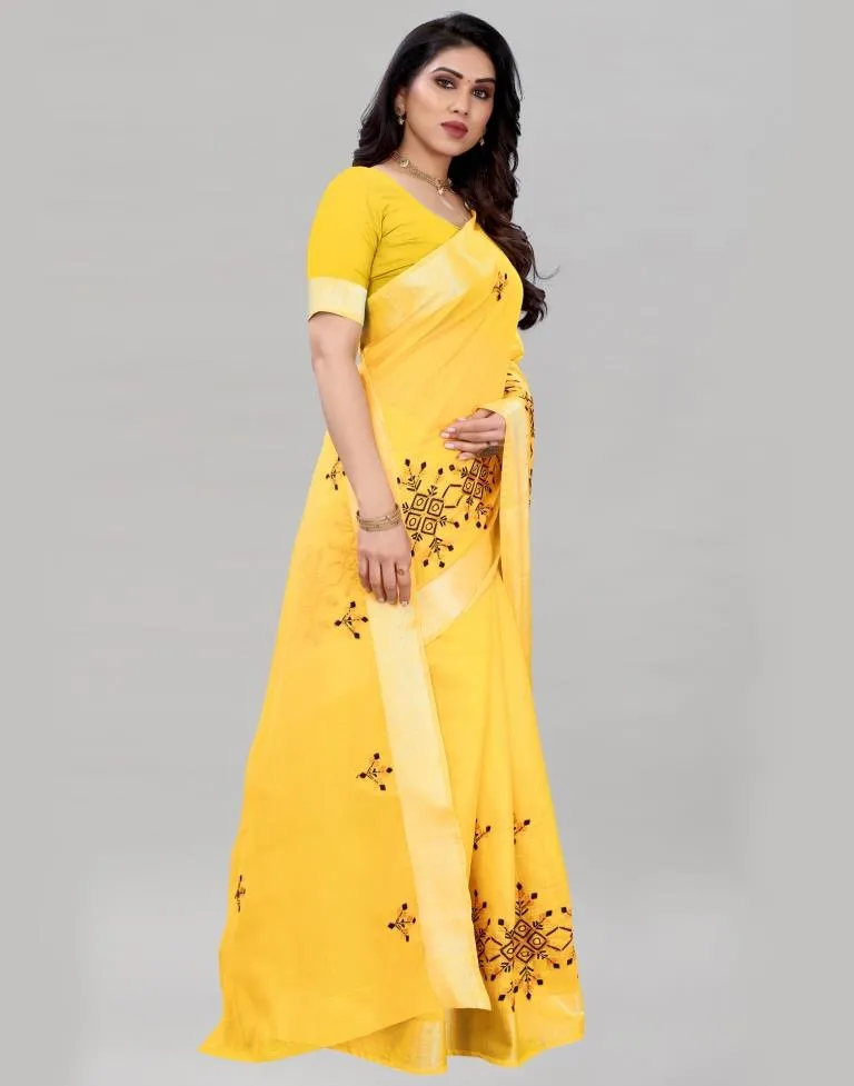 Yellow Embroidered Cotton Saree