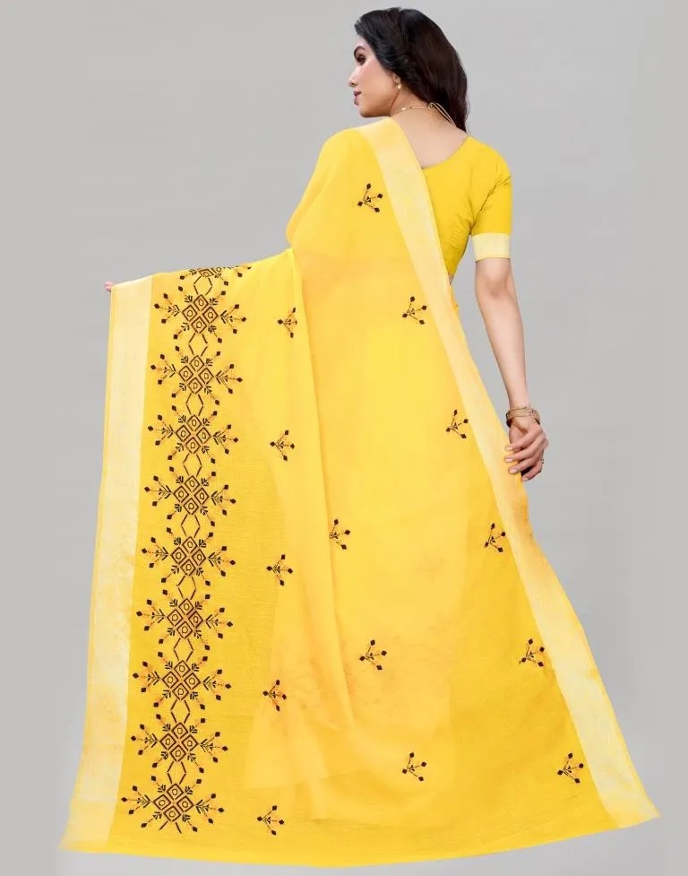 Yellow Embroidered Cotton Saree