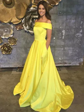 Yellow Off the Shoulder A-line Floor Length Prom Dress Evening Dress, OL723