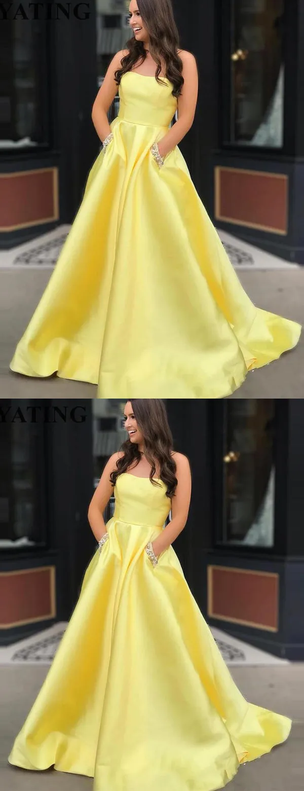 Yellow Satin Beaded Pockets Strapless Ball Gown Sweet-16 Prom Dresses, DB1123