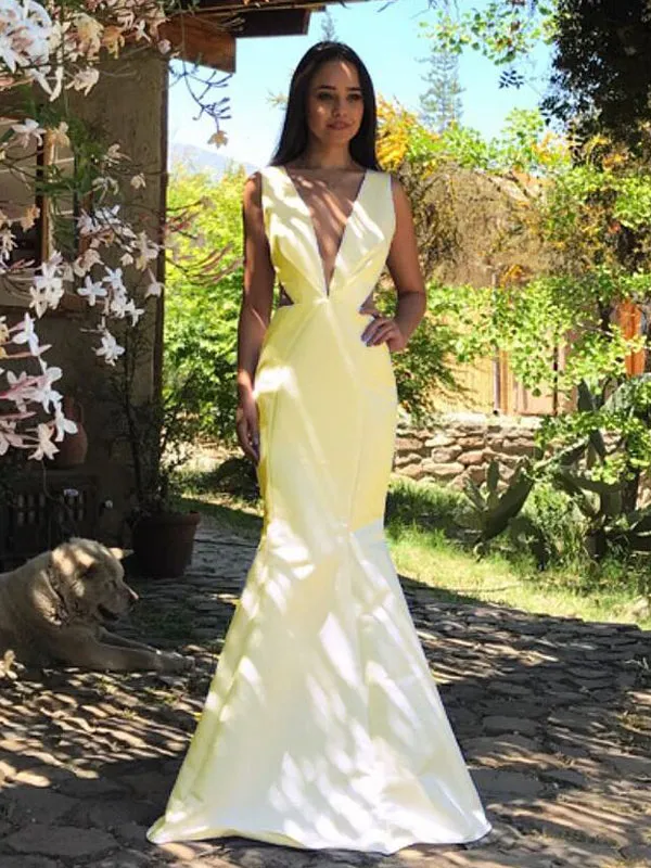 Yellow Satin V-neck V-back Mermaid Sleeveless Prom Dresses, DB1112