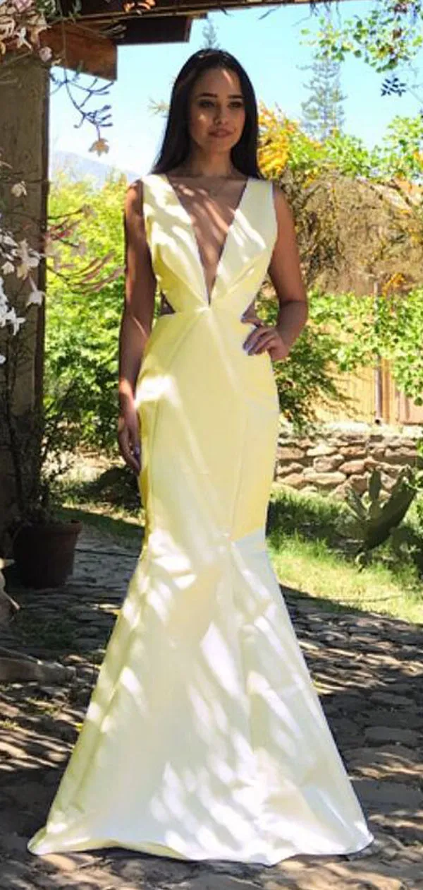 Yellow Satin V-neck V-back Mermaid Sleeveless Prom Dresses, DB1112